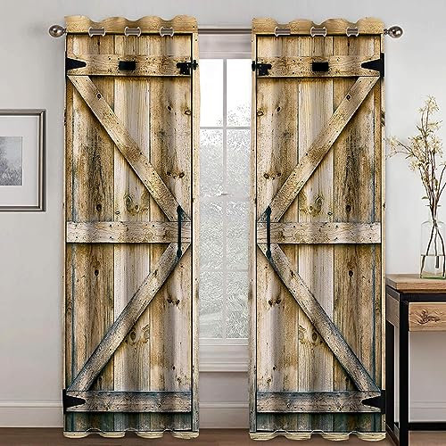 HYFBH 2 Paneele Verdunkelungsvorhänge, günstige Bauernhaus-Retro, rustikal, alt, Vintage, Holztür, Fenstervorhänge für Wohnzimmer, Schlafzimmer, Dekor BxH/2x80x190cm verdunkelungsvorhang
