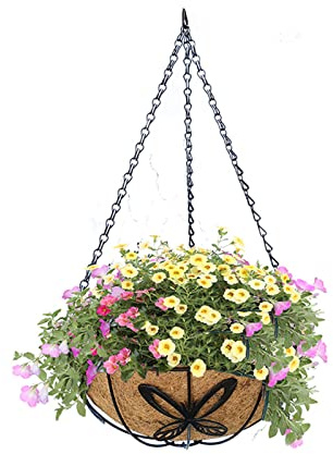 LEMCC Hängender Pflanzkorb, Blumentopf-Pflanzkorb mit Kokosfaser-Einsatz und Kette, Draht-Pflanzenhalter, Hängender Pflanztopf für Garten, Terrasse, Deck, Veranda(10 Zoll)