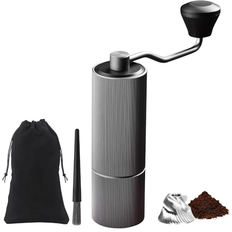 ELMWAY Precision Manual Coffee Grinder by ELMWAY – Stainless Steel Burr & Shaft, Dual Bearings, Aluminium Body & Handle with ABS Support Frame, Adjustable Grind & Portable Travel Pouch – Silver