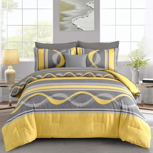 Anibedding Yellow Comforter Set Queen Size,8 Pieces Bed in a Bag Patchwork Striped Bedding Sets,Boho Soft Microfiber Bedding Set for All Season(90×90)