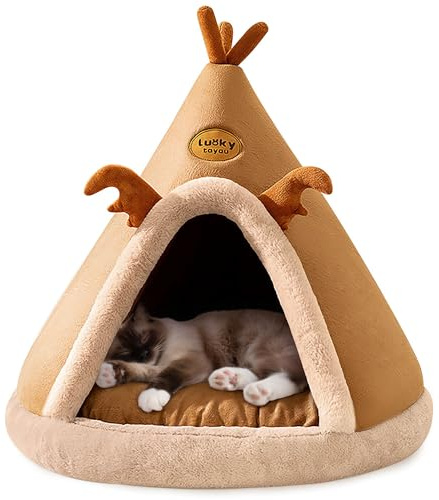 ALLSOPETS Cueva Cama Gato, Casa Interior de Invierno para Gatos Perros Pequeños, Cama Suave con Cojín Extraíble para Descanso y Relajación (Marrón Camel, S)