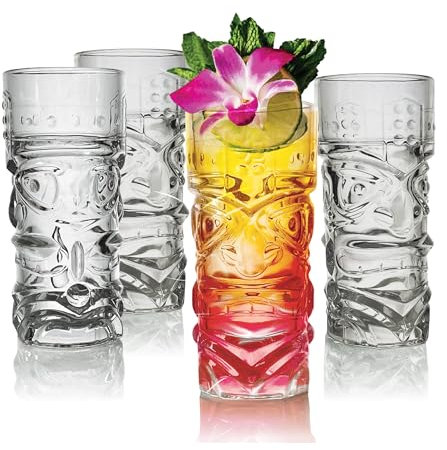 Lily's Home Set of 4 Tiki Glasses - Ideal for Exotic Cocktails, Highball - Unique Tiki Bar and Kitchen Bar Drinkware Set, Glass Tumbler & Mug Set, Perfect Cocktail Mixing Glass, 16 oz Tumbler. Clear