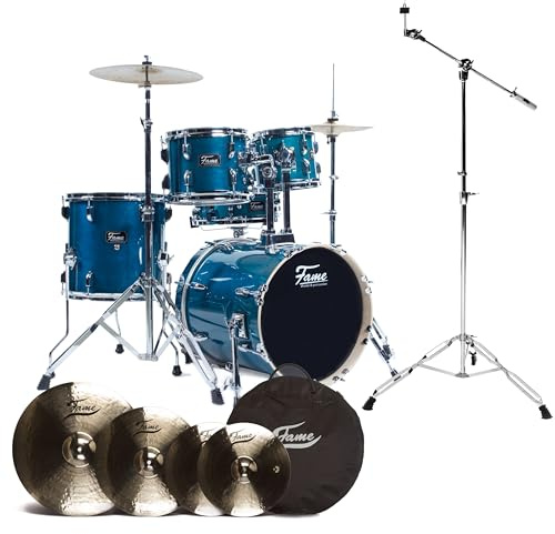 Fame Jungle Set, Ahorn Drum-Set, 16 Zoll BassDrum, Grün, Chrom Hardware, inklusive Becken und Zubehör, 9-lagige Holzlagen, 4-teiliges Schlagzeug-Set