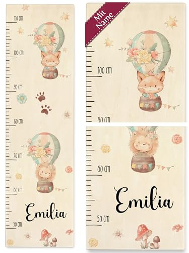 Messlatte Kind Holz - Tiere - Kindermesslatte Fuchs und Igel in Heißluftballon mit Name I Geschenk für Kinder - 50-110 cm - Holz - waldtiere 160 tier meßlatte größe eichhörnchen metermaß