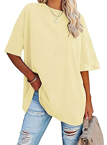 Damen Halbarm Rundhalsausschnitt Kurzarm Elegant Lose Einfarbige Baumwolle Oberteile Frühling Sommer Casual Bequeme T-Shirt (Hellgelb,L)