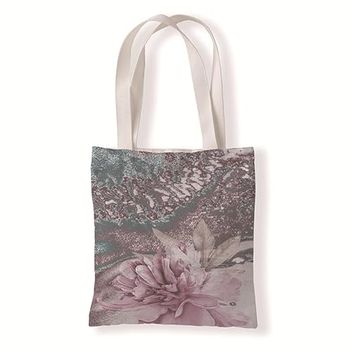 Jutebeutel Rosa Blume Grün Tote Bag Baumwolle und Hanf Stoffbeutel Große Kapazität Stofftasche Faltbar Jutetasche Langlebig Baumwolltasche Bedruckt Stoffbeutel zum Bemalen Waschbar 30x40cm/1 Pcs