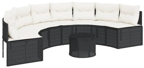 vidaXL Gartensofa mit Tisch und Kissen Halbrund Schwarz Poly-Rattan, Terrassensofa, Loungesofa, Loungemöbel, Outdoor Sofa, Lounge Set, halbrundes Sofa