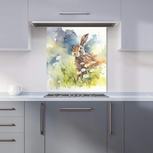 Premium Hare And Daisies Watercolour Kitchen Splashback 6mm Toughened Glass Kitchen Splashback – Heat Resistant Splashback for Kitchens, Perfect for Cookers and Hobs, Polished Edges