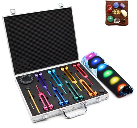 Chakra Stimmgabel Set mit Kristallen, gewichtete Stimmgabeln für Klangtherapie, DNA-Reparatur, Meditation, Reiki, inklusive Aktivator, 7 Chakra-Werkzeuge für Yoga, Spirituelle Heilung