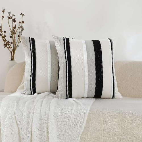 Labilin 2er Set Kissenbezug Chenille 45x45cm Kissenhülle Sofakissen Streifen Dekokissen Boho Deko Kissenbezüge für Sofa Wohnzimmer Schlafzimmer Outdoor Kissen (Schwarz und Weiß, 45 x 45 cm)