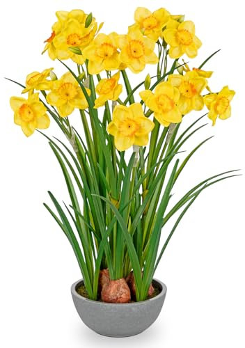 Hollyone 15.7'' Yellow Artificial Flowers, Fake Daffodils Decorative Faux Flowers in Pot, Silk Artificial Daffodil Flowers for Home Decor, Living Room, Bathroom, Windowsill, Table, Spring Decorations