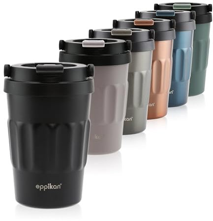 eppikan eppiCafé Edelstahl Thermobecher mit klappbarem Tragegriff - auslaufsicherer Coffee-To-Go-Becher für Kaffee und Tee 400 ml (Matt Black)