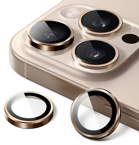 JETech Protecteur d'Objectif de Caméra pour iPhone 16 Pro 6,3 Pouces et iPhone 16 Pro Max 6,9 Pouces, Verre Trempé 9H Anneau Individuel en Métal, HD Transparent, 1 Série (Titane Sable)