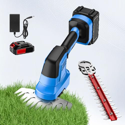 Akku Heckenschere 21V 2000mAh 2 IN 1 Grasschere und Strauchschere mit 31cm Strauch und 15cm Grasscherenmesser für Rasen Hinterhof Garten