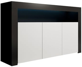 MB Muebles Bonitos, Buffet Aker avec Lumière LED et 3 Portes pour Salon et Salle à Manger, Meuble TV en Mélamine Mate, Couleur Noir et Blanc, 155x91,5x37 cm