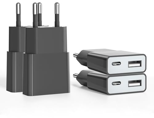 Ultradünnes USB-Ladegerät, 5 V, 1 A, Dual-Port (USB C + USB A) Wandsteckdosenadapter, ideal für iPhone, Android-Telefone, eBook-Reader, Xperia, MP3-Player (Thickness 1.45cm/4 Packs)