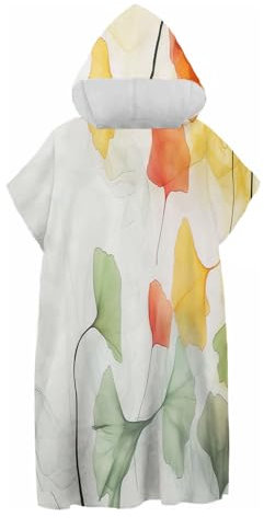 Watercolor Changing Robe Towel Poncho With Hood,Ginkgo Biloba Plant Beach Surfing Hooded Changing Robe Adult Towel, For Swimming Diving Water Sport Fast Dry Up 75X110Cm