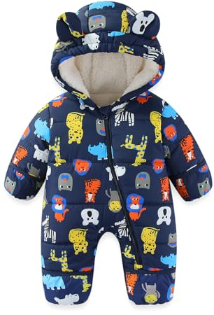 JiAmy Baby vinter overall, småbarn björn huva hopfällbar över vantar strumpor overall småbarn varm fleece sparkbyxor flickor pojkar varm jumpsuit 3–24 månader, marinblå, 3-6 månader