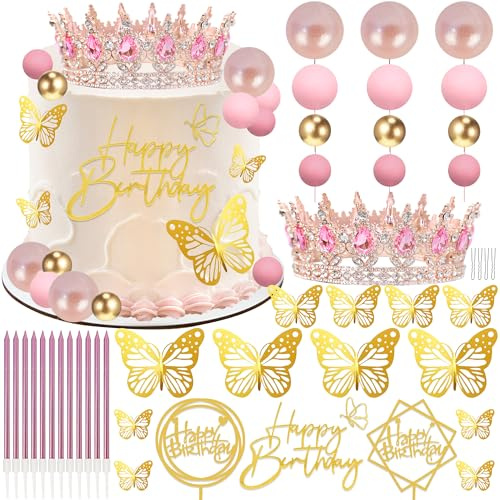 AMZVALU Corona Para Pastel, Crown Cake Topper, 3 Happy Birthday Cake Toppers, Balls Candles Butterflies Cake Decorations, Birthday Crown for Women Queen Princess Party Wedding (Rose Gold, Pink)