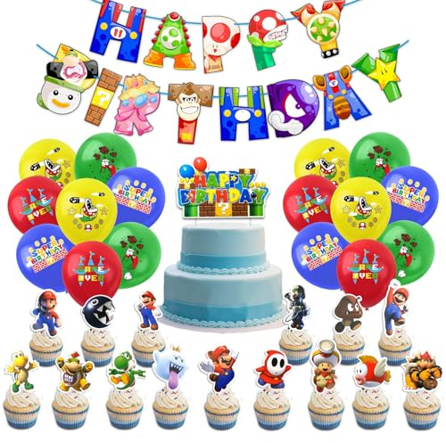Decorations Mar-io Birthday Party Decoration, 35PCS Kids Cartoon Balloons Kit with Latex Balloon Banner Cake Topper Deco Super Brother Party Supplies for Boys Girls Birthday Theme Decoration