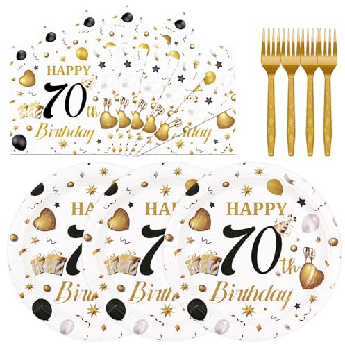 75PCS 70th Birthday Plates and Napkins Party Decorations, 7 Inch White and Gold Happy Birthday Paper Plates and Napkins Disposable Tableware Set 70 Year Old Birthday's Party Decor for Women Men