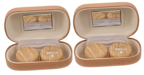 Mikinona Vintage Leather Wood-Grain Large Diameter Contacts Box 2pcs Set Leak-Proof Double Storage Holder Travel Eye Contacts Carrier Light Brown