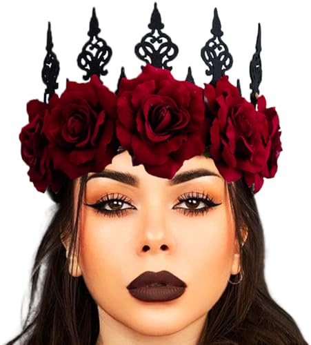 Zoestar Gothic Rose Blume Stirnband Schwarz Vintage Krone Stirnbänder Rote Blumengirlande Kopfschmuck Halloween Haarschmuck für Frauen (Rot, Einheitsgröße)