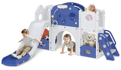 Froadp Toboggan 8 en 1 pour enfants à partir de 1 an, pour l'intérieur et l'extérieur, toboggan autoportant, en polyéthylène haute densité et polypropylène, avec échelle d'escalade, tunnel, espace de