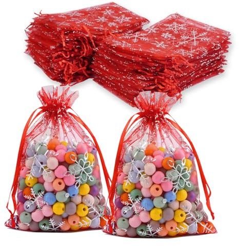 Organzasäckchen Weihnachten, 100 Stück Geschenksäckchen, Organzabeutel, Schneeflocke Organzasäckchen mit Zugband, Säckchen zum Befüllen, Kleine Geschenktüten für Geschenk Weihn (Rot, 10 x 15CM)