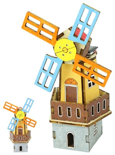 3D Wood Puzzle Solar Powered Rotating Windmill Wooden Puzzles Scientific Paintable Wooden Houses for Crafts for Children Kids DIY 3D Wood Puzzles Puzzle