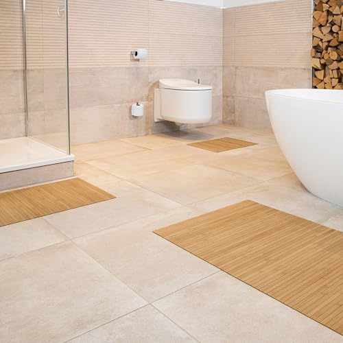 DE-COmmerce Bambus Badematte Lines 3er Set, Gold | Badteppich, Holzteppich, Rutschfest, Bambusmatte