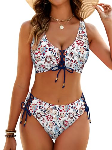 Dridreo High Waisted Swimsuits for Women Lace Up Print Floral Bikini Mid Waist Beach Two Piece Swimsuit 2026 Red Blue Floral L
