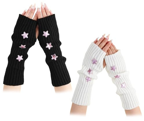 KASESSS 2 Paia Guanti Senza Dita Donna Con Stelle, Y2k Guanti Lunghi Senza Dita Lavorati A Maglia, Elasticizzati Manicotti Eleganti Per Donne E Ragazze, Invernali Calde Scaldabraccia Donna