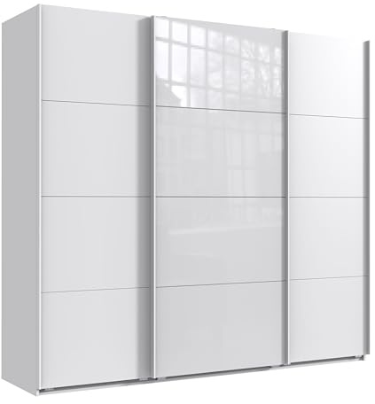 Geräumiger Schwebetürenschrank Kleiderschrank 3-türig B225/H208/T64 cm in Weiß, mittlere Tür mit Glasfront in Weiß, inkl. einer Kleiderstange, 4 Einlegeböden und 2 Stoffboxen / 22521