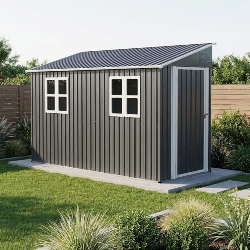 Cobertizo de metal de 4 x 10 pies (aprox. 1,2 x 3 m) con kit de suelo y diseño de apoyo, cobertizo de almacenamiento resistente a la intemperie y con cerradura con 2 ventanas para bicicletas