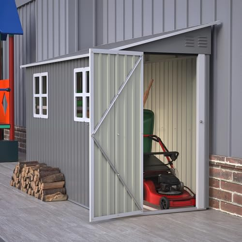 Casetta per attrezzi in metallo, 4 x 10 FT, con doppia porta, finestre e telaio, resistente alle intemperie e alla ruggine, per giardino, terrazza e cortile, grigio