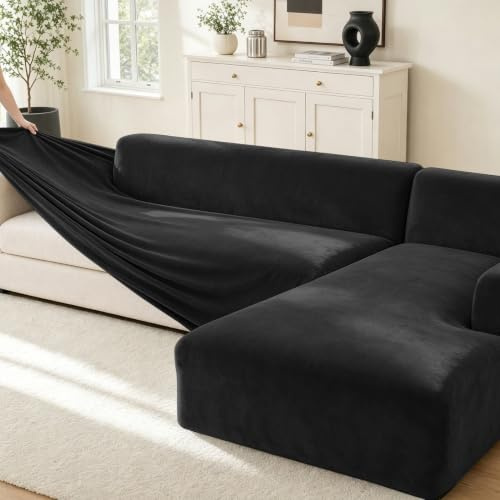 wiipara Samt Sofa Überzug 2 Sitzer, Stretch Couchbezug Schwarz, 1 Stück | Dicker Plüsch Sofabezug, Elastisch, Superweich & Atmungsaktiv für Haustiere, Wohnzimmer (L-Form Ecksofa erfordert Zwei)
