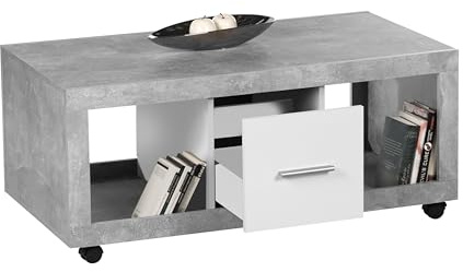 STONE Couchtisch auf Rollen in Beton Optik und Weiß 115 x 50 x 60 cm | Mobiler Sofatisch für das Wohnzimmer, Tisch Couch, mit Ablagefächern und Schubladen für viel Stauraum, viel Platz