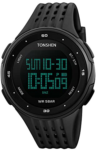 TONSHEN Unisex Digitaluhr Outdoor Sportuhr 50M Wasserdicht Armbanduhr Militär Tactical Uhren Plastik mit Silikon, Schwarz