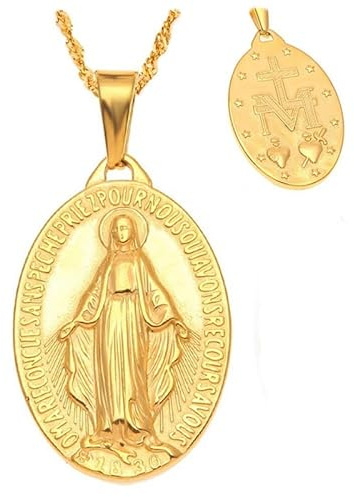 BOBIJOO JEWELRY - Pendentif Médaille Vierge Marie Miraculeuse Acier Doré Or Plaqué Chaîne Singapour