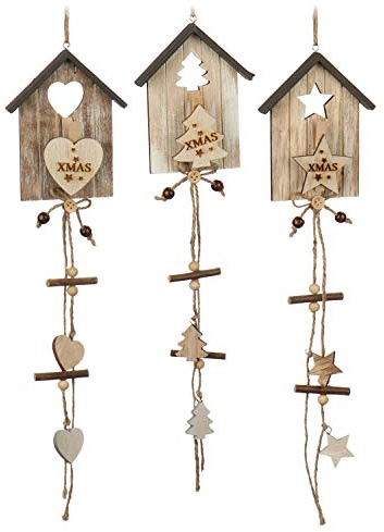 COM-FOUR® 3X Colgantes de Madera con Clip 13 x 10 cm - Decoración navideña de Madera - para Colgar calendarios y Fotos - Decoración de Puertas y Ventanas (3 Piezas - Estrella/Abeto/corazón)