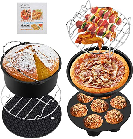 Flexzion Air Fryer Zubehör Set für Phillips Gowise Ninja Foodi Cozyna Cosori Nuwave Air Fryer Zubehör Kit 7 Set 7 Zoll Universal Fit mit Air Fryer Rezept Kochbuch