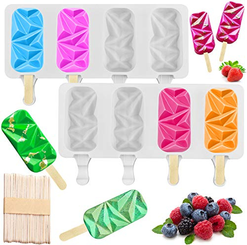 2 Pack Silicon Popsicle Molds for Cake Pop, Small 4 Cavities BPA Free Diamond Oval Ice Pop Maker Molds with 50 Wooden Sticks for DIY Ice Cream, Summer Cake Pop, Cakesicles
