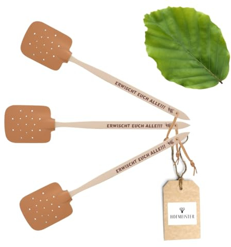 3X HOFMEISTER® Fliegenklatsche aus Buchenholz & Leder, aus Europa, Klatsche mit Spruch: ERWISCHT EUCH ALLE!!!, praktischer Mücken-Schläger zum Insekten fangen, Mückenfänger, 47,5 cm