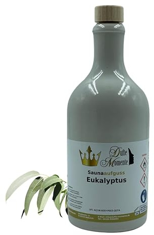 Dufte Momente | Saunaduft Eukalyptus 500ml in weißer Steinzeugflasche mit Korkmündung | mit naturreinen ätherischen Ölen | vegan, ohne Tierversuche | in gewohnter Premiumqualität