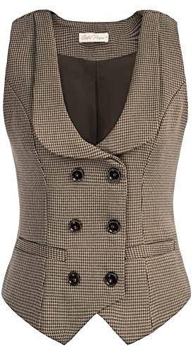 Belle Poque Chaleco de mujer Vintage sin mangas chaleco cruzado elegante chaleco, Marrón oscuro&Rejilla Chidori, L