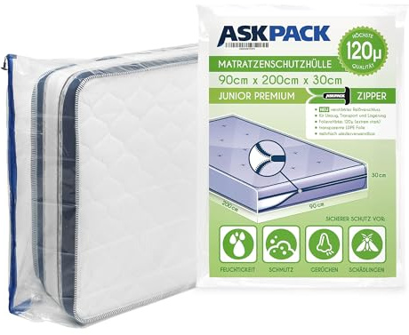 ASK Pack Matratzenschutzhüllen mit Anker-Reißverschluss - Größen von XS bis XXL, Wasserdicht, Reißfest, Ultra Starkes Material 120 mikron - Ideal für Umzug, Lagerung und Transport - 90x200 cm - Junior
