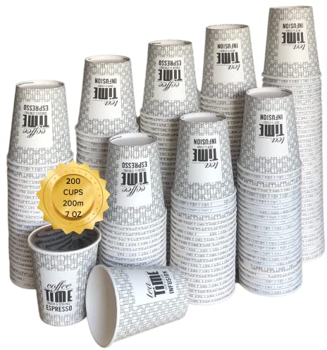200 Vasos Desechables para Café 200 ml - Para Bebidas Calientes y Frías - Cartón para Café, Té, Agua - Para Llevar (200 Unidades) (Coffe Time)