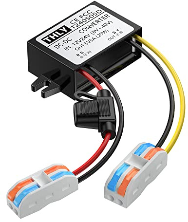 TPT Solar 12V to 5V Step Down Converter 5A 25W; DC Input 8-40V, Waterproof, Fuse, DC Output 5V, Includes Wire Terminal Block - Safe for Truck, Boat, Vehicle Systems