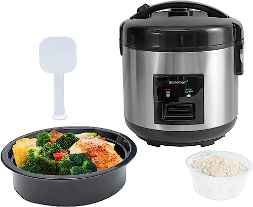 Eamoment 1L | 400 W arrocera y vaporera (1 litro-5 tazas) para 1 – 5 personas, cocción rápida sin quemar, extraíble antiadherente, cuchara de arroz y vaso medidor (Plateado)